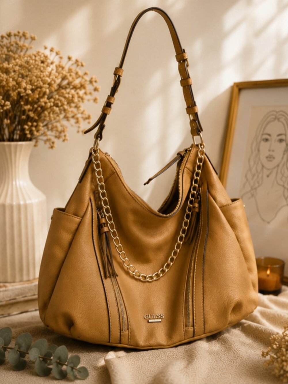 GUESS Tan Slouchy Hobo Shoulder Bag | Gold Chain Detail